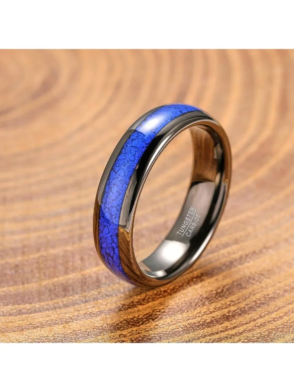 Stylish Black & Blue Tungsten Rings with Lapis Lazuli Inlay - Comfort Fit, Sizes